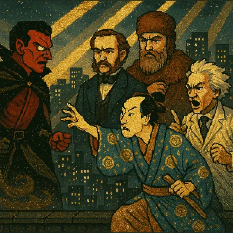 Pixel-art Villain Confronts a Ukiyo-e Trickster Mid-reach