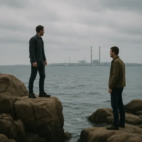 Two Men Standing on Rocky Outcrops by the Sea