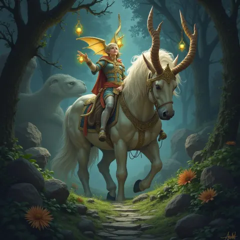 Glowing Runes Amid Mystical Flora and Fauna