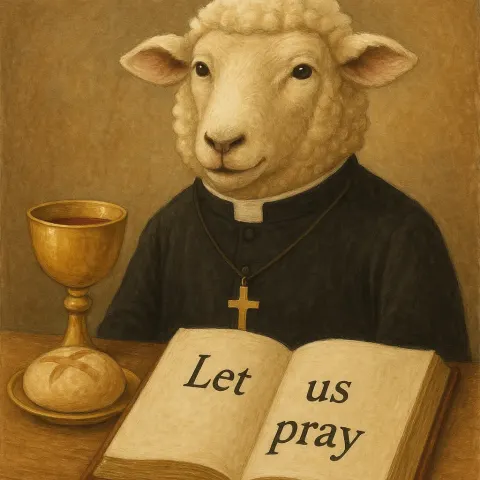 Sheep Dressed as a Priest Stands in Front of Eucharist