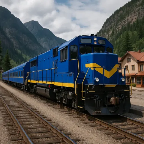 Blue and Yellow Locomotive with Train Cars Is Stationed