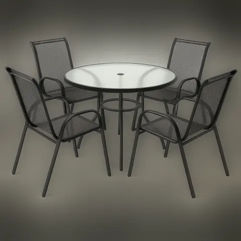 Glass-top Table Surrounded by Four Metal-framed Chairs with Mesh Seating