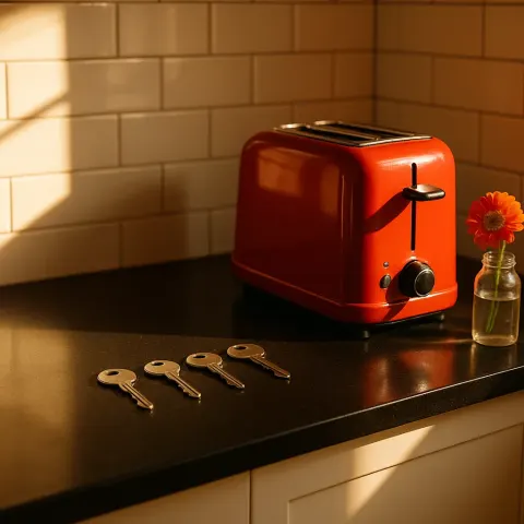On the Polished Black Countertop in the Kitchen