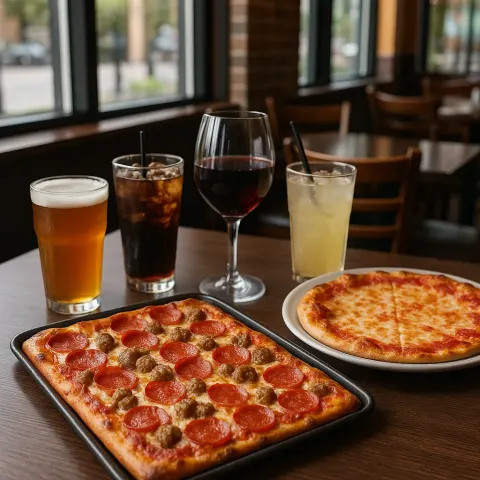 Table with Various Beverages and Pizzas