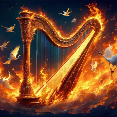 Burning Harp Beneath Soaring Elegant Cranes