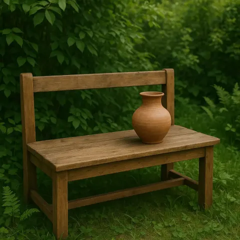 Ceramic Vase Resting on a Wooden Bench