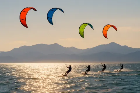Four Kite Surfers Gliding Across a Sunlit Body of Water