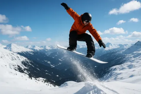 Snowboarder Performing a Mid-air Jump over a Snowy Mountain Landscape
