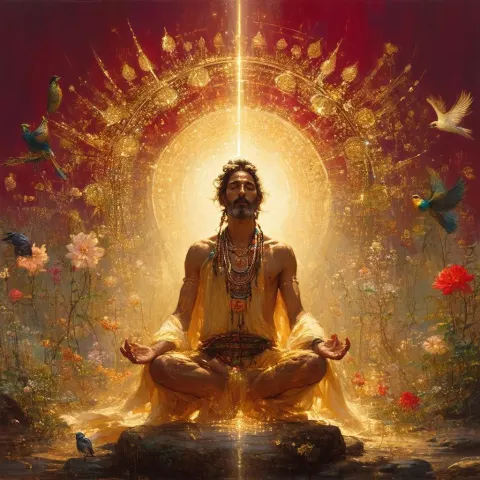 Levitating Renaissance Shaman in Divine Light