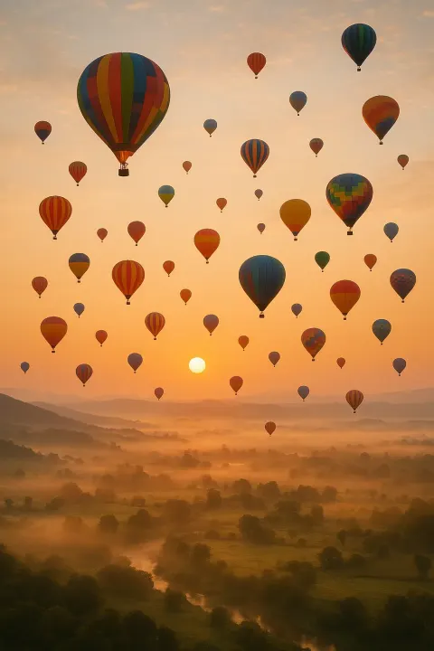 Many Colorful Hot Air Balloons Drift Serenely Upwards