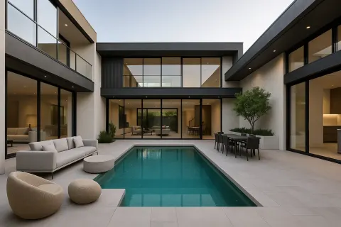 Modern Luxury Home with an Open Courtyard Featuring a Pool