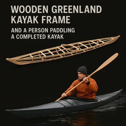 Wooden Greenland Kayak Frame Is Displayed Alongside an Image
