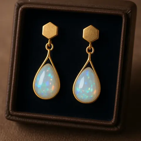Teardrop Earrings Featuring Hexagonal Studs and Lustrous Opalescent Pearls Sparkled