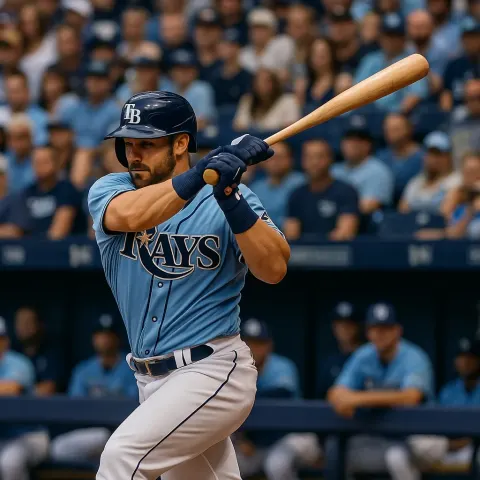 Baseball Player in a Rays Uniform Swings at a Pitch