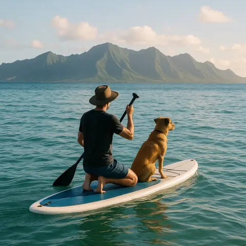 Person and a Dog on a Paddleboard in the Ocean
