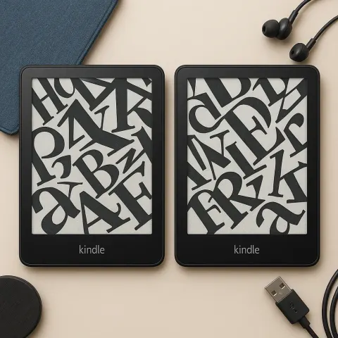 Two Kindle E-readers with Abstract Typography Screens Displayed Side-by-side