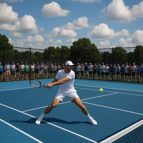 Tennis Player Practices on a Blue Court