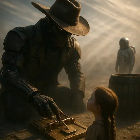 Giant Cyberpunk Cowboy Adjusts a Brass and Copper Mousetrap