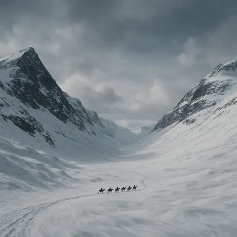 Tiny String of Distant Riders on Horseback Traverses a Monumental