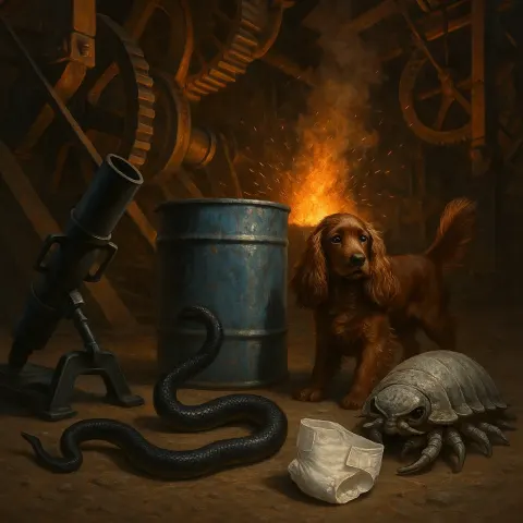 Steel Foundry's Fiery Glow and Sparks Illuminate Steam-powered Machinery