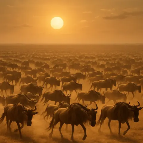 Immense Herd of Wildebeest Stretches Across the Vast Serengeti Plain