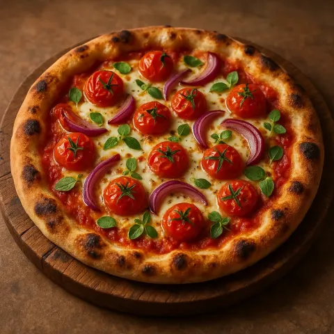 On a Rustic Wooden Board Lies a Freshly Baked Pizza