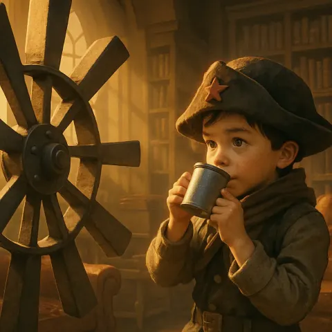 Child in Mountainous Revolutionary Garb Sips a Drink