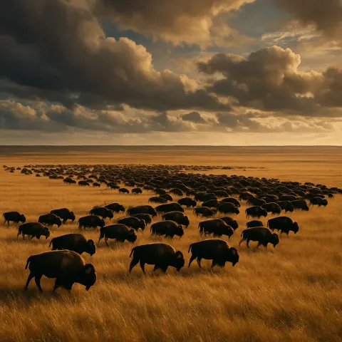 Vast Herd of Distant Bison Moves Like a Slow