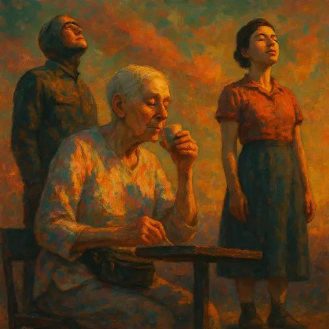 Three Figures Share a Scene under a Toxic