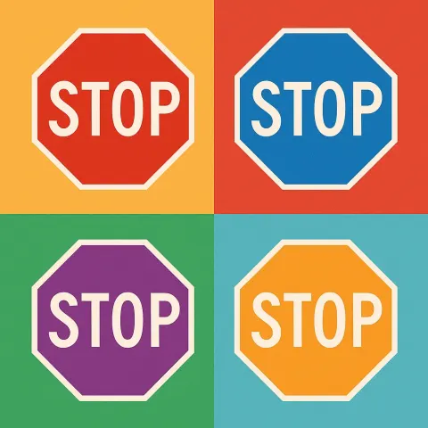 Four Vibrant Stop Signs Positioned in a Diamond-shaped Configuration