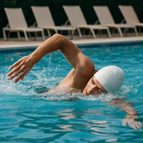 Swimmer Wearing a White Swim Cap Performs Freestyle Strokes