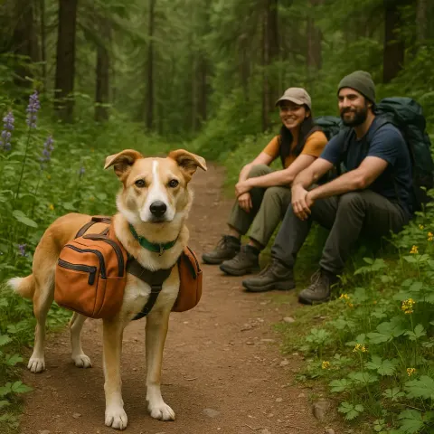 Dog with a Backpack Stands on a Forest Trail