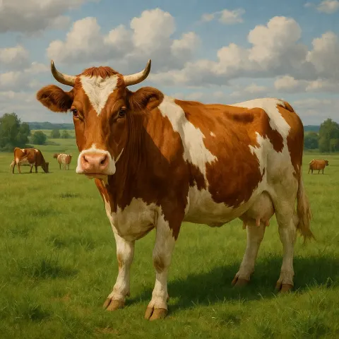 Brown and White Cow Stands on Green Grass