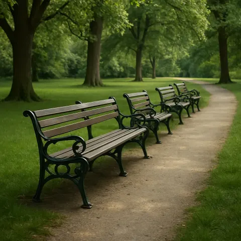 Row of Empty Park Benches Along a Pathway Surrounded
