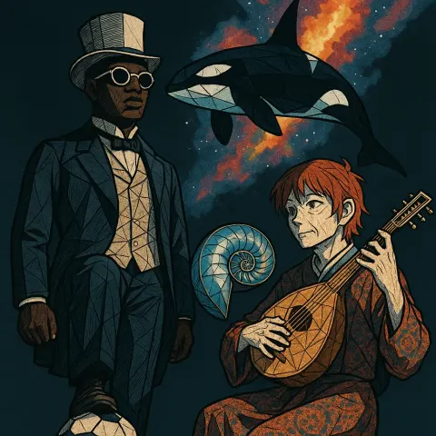 Rigidly Formal Ukiyo-e Styled Figure of Sub-Saharan Descent in Industrial