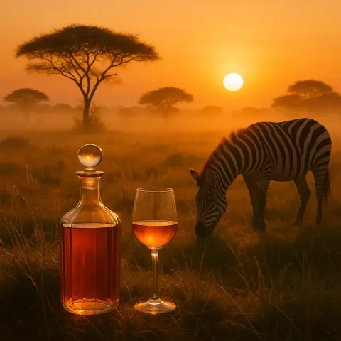 Tranquil Morning Landscape with a Sparkling Glass Bottle of Wine