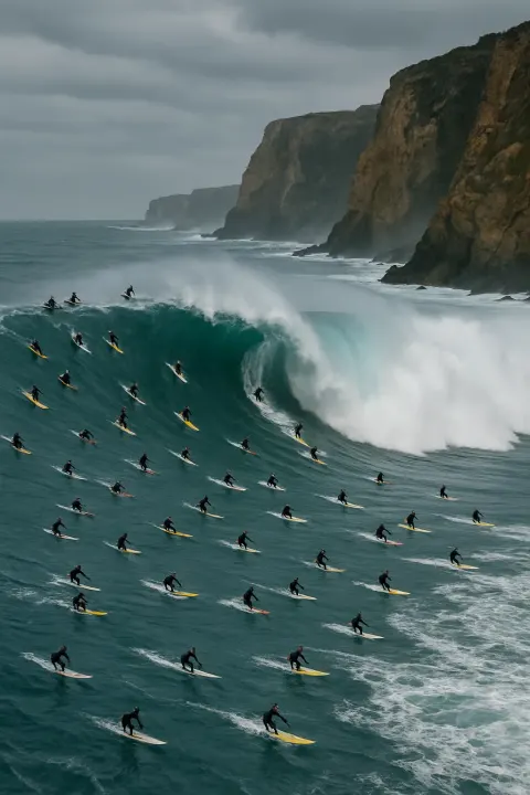 Numerous Tiny Surfers Ride Colossal Waves