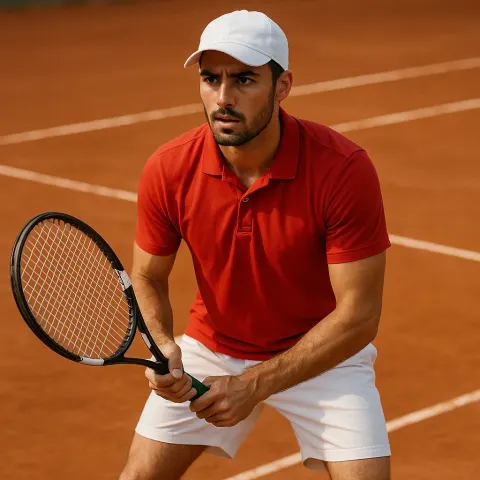 Tennis Player Wearing a Red Polo Shirt and White Shorts