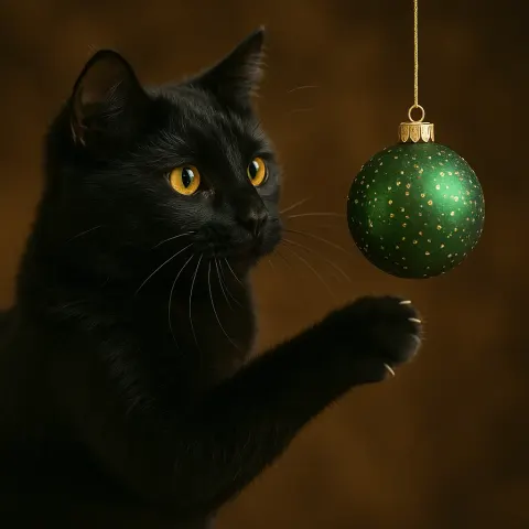 Silky-furred Black Cat Bats at a Christmas Ornament
