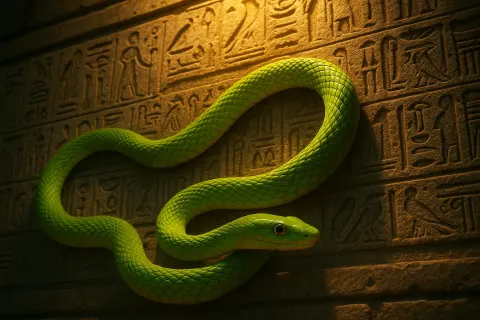 Vibrant Green Mamba on Ancient Hieroglyph-etched Friezes