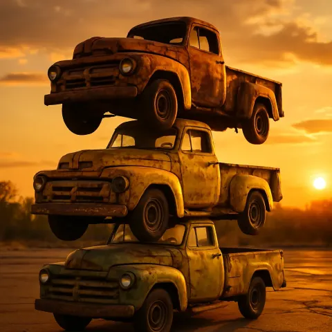 Three Old Pickup Trucks Are Stacked in a Precarious Arrangement