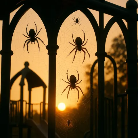 Diverse Barn Spiders Weave Through a Playground's Gothic Arches