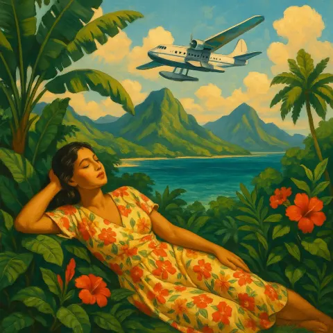 Tropical Scene Featuring a Reclining Woman in a Floral Dress