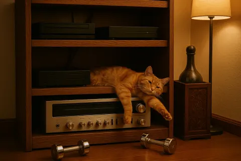 Dark Oak Shelf Holds an Assortment of Electronics