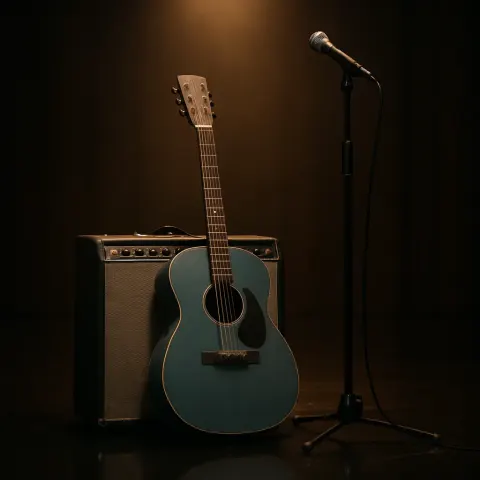 Vintage Blue Guitar with a Soft Matte Texture Leans Delicately