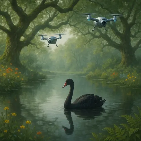 Solitary Black Swan Moves with Graceful Ease Across the Still