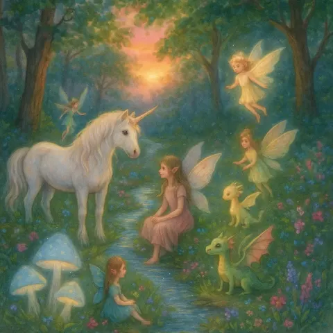 Enchanting Forest Scene Filled with Mythical Beings Such as Faeries