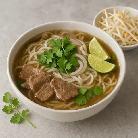 Hot Bowl of Pho Topped with Sprigs of Cilantro