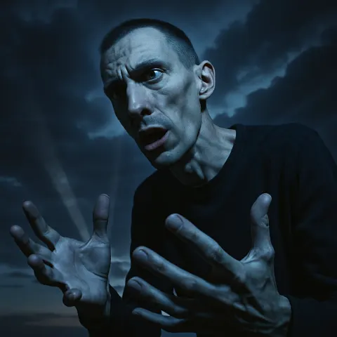 Man with a Buzz-cut and Long Face Dramatically Gestures