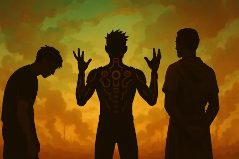 Three Figures Are Powerfully Silhouetted by a Strong Backlight